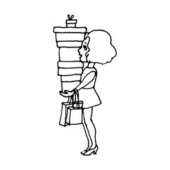 Happy girl carries shopping. Linear art on a white background