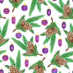 Watercolor seamless pattern, fir-tree branch with cones and christmas balls
