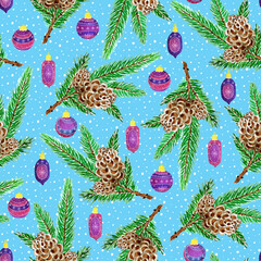 Watercolor seamless pattern, fir-tree branch with cones and christmas balls