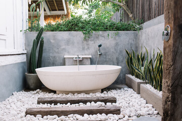 Design of contemporary bathroom in tropical resort