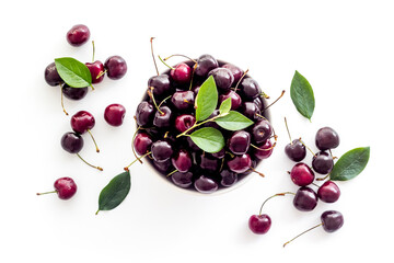 Red sweet cherry texture or wallpaper. Flat lay of berries, top view