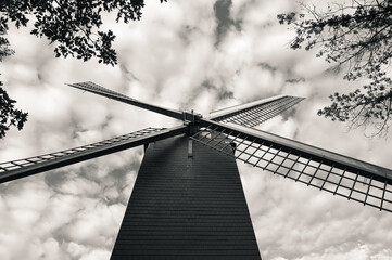 Black and white low-angle shot of the Neuwe Papegaai windmill surrounded by tree tops against a cloudy sky.