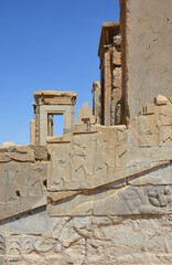Palace of Darius,  called Tachara  or winter palace, in Persepolis. Detail of southern view with stairway bas relief.
