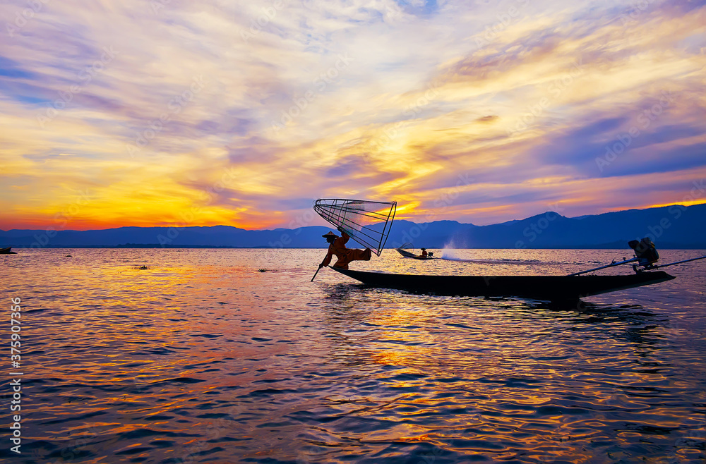 Poster Tricks of fishermen on Inle Lake, Intha, Myanmar