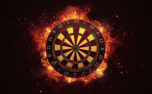 Dart board target in burning flames close up on dark brown background. Classical sport equipment as conceptual 3D illustration.