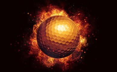 Flying golf ball in burning flames close up on dark brown background. Classical sport equipment as conceptual 3D illustration.
