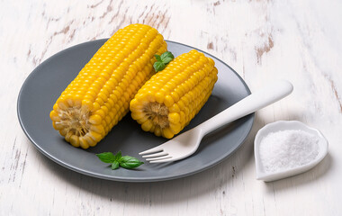 Delicious juicy sweet boiled corn in a plate on a white wooden background, cooked corn cobs