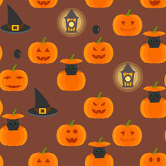 This is a seamless pattern with a pumpkin, cat, and hat on a brown background.