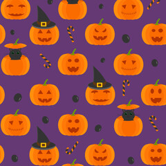 This is a seamless pattern with a pumpkin, cat, and hat on a purple background.