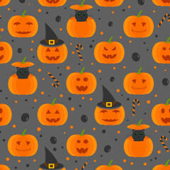 This is a seamless pattern with a pumpkin, cat, and hat on a gray background.