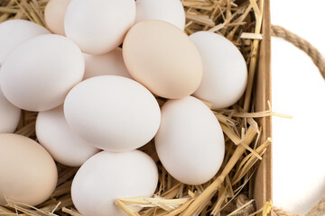 Basket full of chicken eggs lying on straw side View. Food background. The concept of proper nutrition.