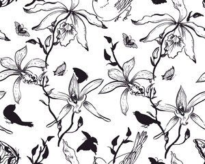 Seamless hand drawn black and white pattern with orchid flowers and birds and butterflies.