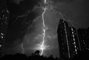 Incredible Lightning over the Urban Night Sky in Monochrome
