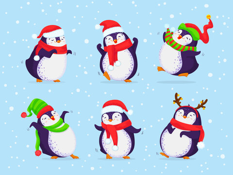 Hand drawn vector set of cute dancing penguins. Different clothing and santa hats, various poses. Colored trendy illustration. All elements are isolated.