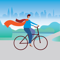 Young guy riding a bike as an activity cycling sport concept, flat vector stock illustration with a cyclist in nature in the countryside