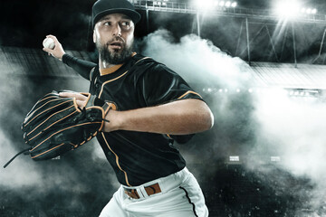 Porfessional baseball player with ball on grand arena. Ballplayer on stadium in action.