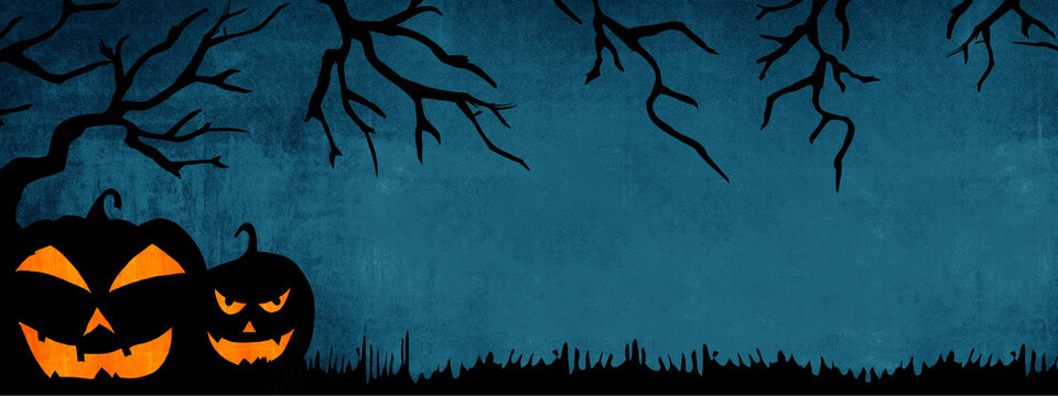 HALLOWEEN background banner wide panoramic panorama template -Silhouette of scary carved luminous cartoon pumpkins and trees isolated on dark blue texture