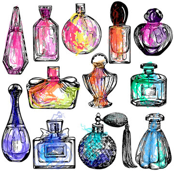 Set of hand drawn sketch style colorful bottles of perfume isolated on white background. Vector illustration.