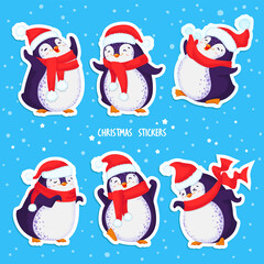 Hand drawn vector set of funny dancing penguins. Merry Christmas greetings. Colored cartoon illustration. All elements are isolated. Pre-made stickers.