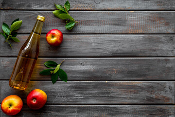 Bottle of apple organic vinegar or cider. Top view, copy space