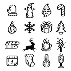 Set Abstract Doodle Elements Hand Drawn Collection Winter Sketch Vector Design Style Background Snowflake Snowman Santa Glove Christmas Toy Tree Illustration Cartoon Icons