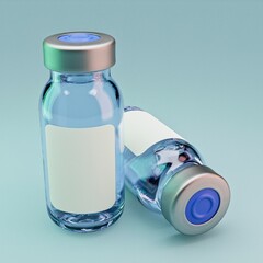 Couple of vaccine vials on cyan background. 3D illustration mockup