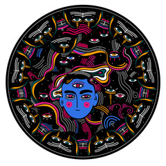Modern psychedelic round composition of beautiful mystery person with third eye in another realm.