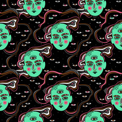 Modern psychedelic fashion seamless pattern with beautiful mystery person with third eye.