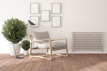 modern room with armchair,heating battery,plant,frames and lamp interior design. 3D illustration