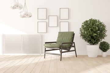 Fototapeta premium modern room with heating battery,armchair,plant and frames interior design. 3D illustration