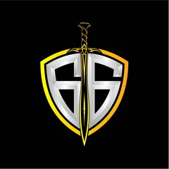 The initials G G is a shield decorated with knightly swords, the letters are colored with a metallic texture (chrome, silver, stainless steel) isolated on a black background.