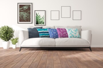 modern room with sofa,pillows,pictures,plant interior design. 3D illustration