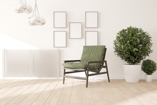 modern room with heating battery,armchair,plant and frames interior design. 3D illustration