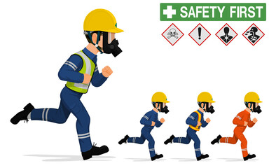 An industrial worker with the respirator is running