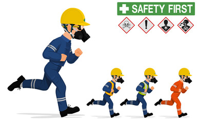 An industrial worker with the respirator is running