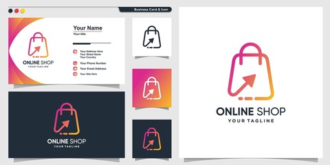 Online shop logo with gradient line art arrow style and business card design template Premium Vector