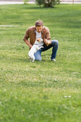 Fototapeta na wymiar young man in shirt and jeans having fun with jack russell terrier dog on lawn in city park