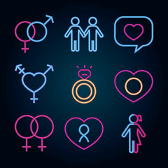 icon set of couple of men and sexual orientation, neon style