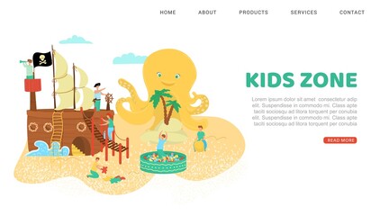 Summer rest, kids zone inscription banner, relaxing in park beach, design cartoon style vector illustration, isolated on white. Entertainment on outdoor, safe playground, happy guys play pirates.