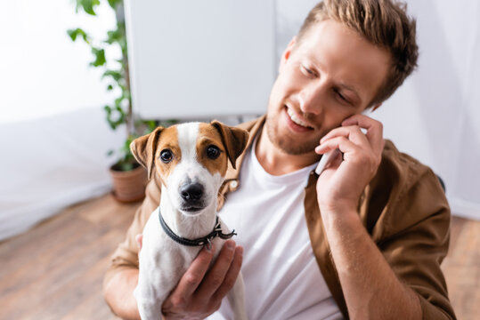 selective focus of businessman talking on mobile phone while holding jack russell terrier dog