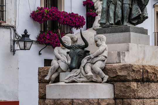 View of sculptural ensemble dedicated to the Spanish bullfighter Manuel Rodriguez Sanchez, known as 'Manolete' in the square Conde de Priego in Cordoba. CORDOBA, SPAIN. June 3, 2018.