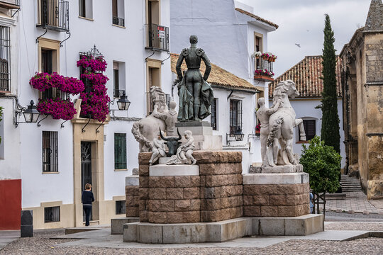 View of sculptural ensemble dedicated to the Spanish bullfighter Manuel Rodriguez Sanchez, known as 'Manolete' in the square Conde de Priego in Cordoba. CORDOBA, SPAIN. June 3, 2018.