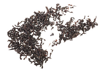 Natural dry black tea leaves isolated on a white background, top view.