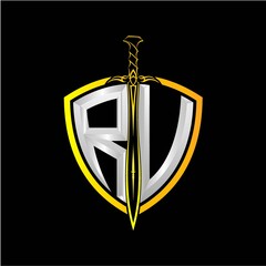 The initials R V is a shield decorated with knightly swords, the letters are colored with a metallic texture (chrome, silver, stainless steel) isolated on a black background.