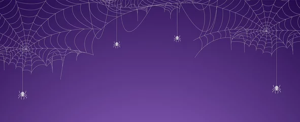 Deurstickers Halloween spider web banner with spiders, cobweb background © supakritleela