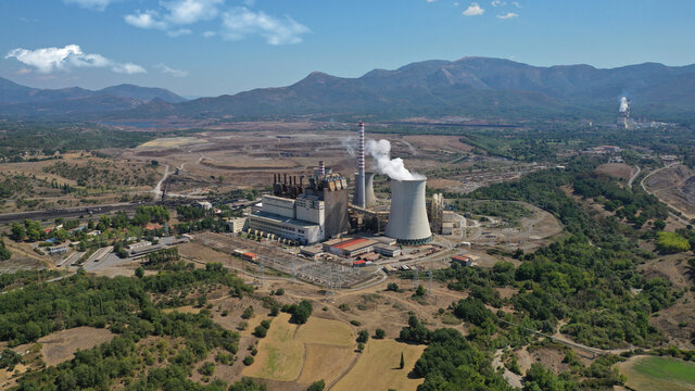 Aerial drone photo of Hellenic public electric company industrial power plant complex in town of Megalopolis, Arcadia prefecture, Peloponnese, Greece