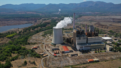 Aerial drone photo of Hellenic public electric company industrial power plant complex in town of...