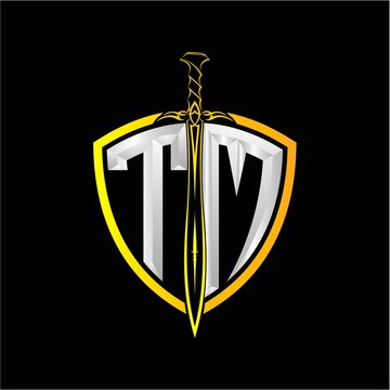 The initials T M is a shield decorated with knightly swords, the letters are colored with a metallic texture (chrome, silver, stainless steel) isolated on a black background.