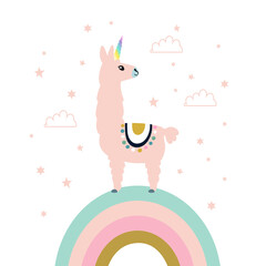 Cute unicorn llama (alpaca). Vector illustration.