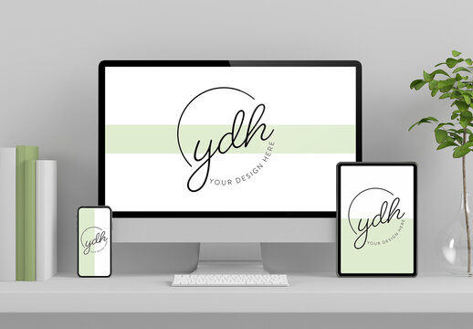 Minimal Desk with Responsive Devices Mockup